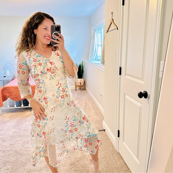 NWT Reba White Pink Blue Floral Embroidered Desert Maxi Dress Small - Picture 1 of 14